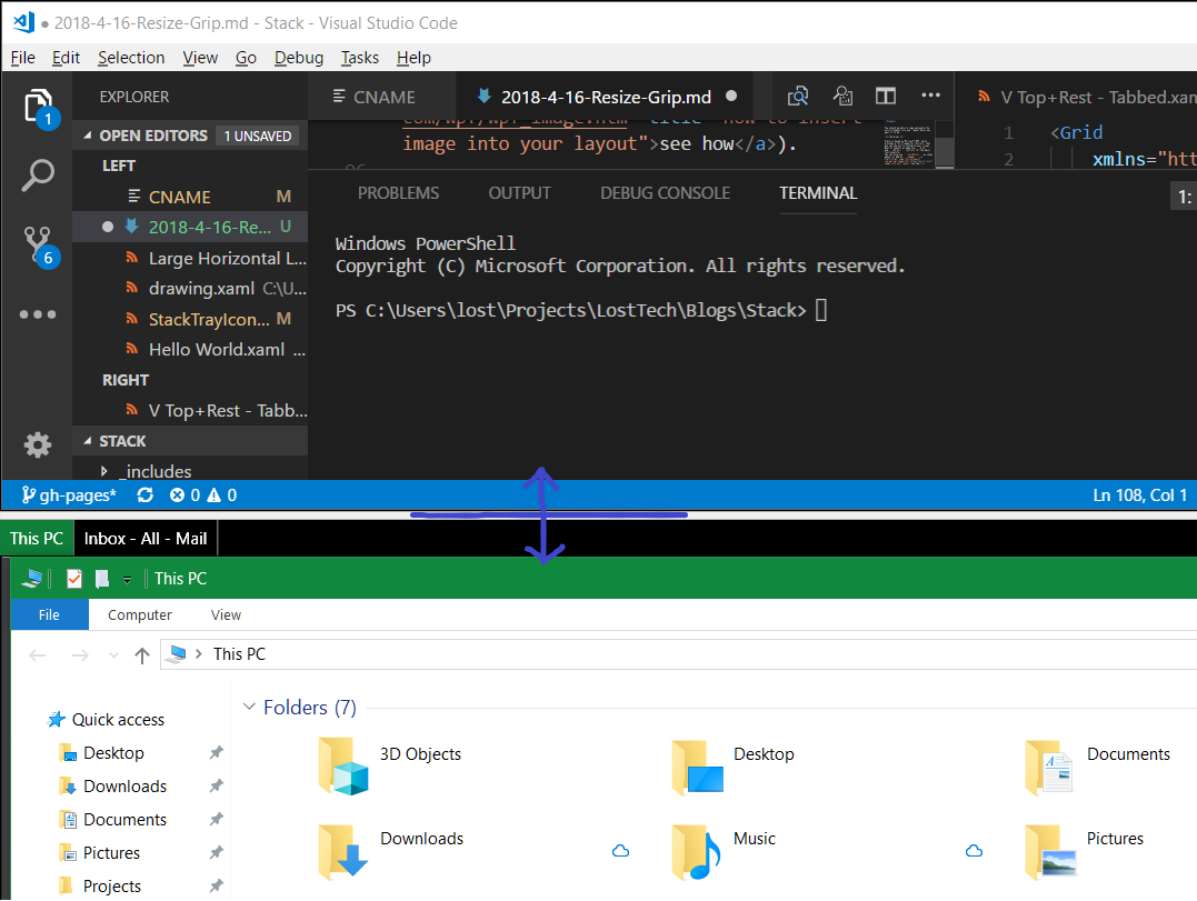Vertical layout with a draggable splitter